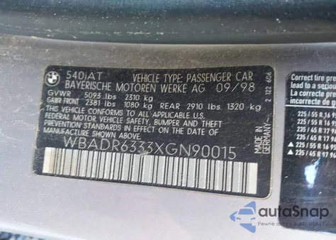 1999 BMW 540I Sport z USA, uszkodzony, nr VIN WBADR6333XGN90015